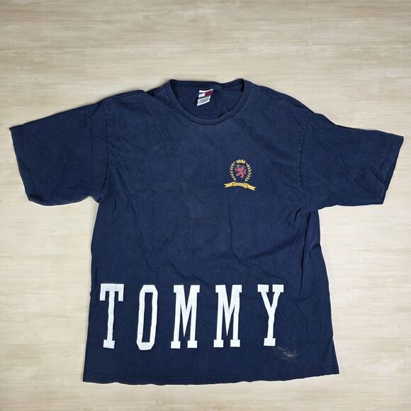 Vintage 90s Tommy Hilfiger Spell Out Double Sided Shirt‎ Navy Size XL DISTRESSED - Picture 1 of 10